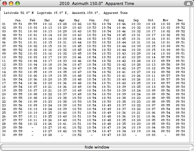 sun
                      azimuth table